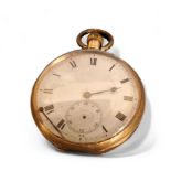 A 14ct gold cased open face pocket watch, crown wound, unsigned movement, white enamel dial, Roman