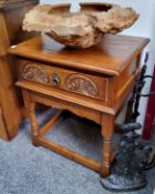 An Old Charm oak side table, rectangular top, drawer to frieze carved with arches, turned legs, 65cm