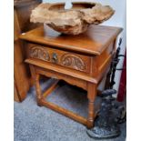 An Old Charm oak side table, rectangular top, drawer to frieze carved with arches, turned legs, 65cm