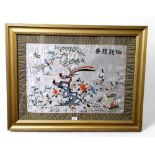 Chinese School, a large silk picture, embroidered with exotic birds, peonies and pine trees with