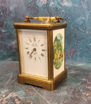A French brass carriage clock, the sides printed with scene after Fragonard, 13cm high, 20th century
