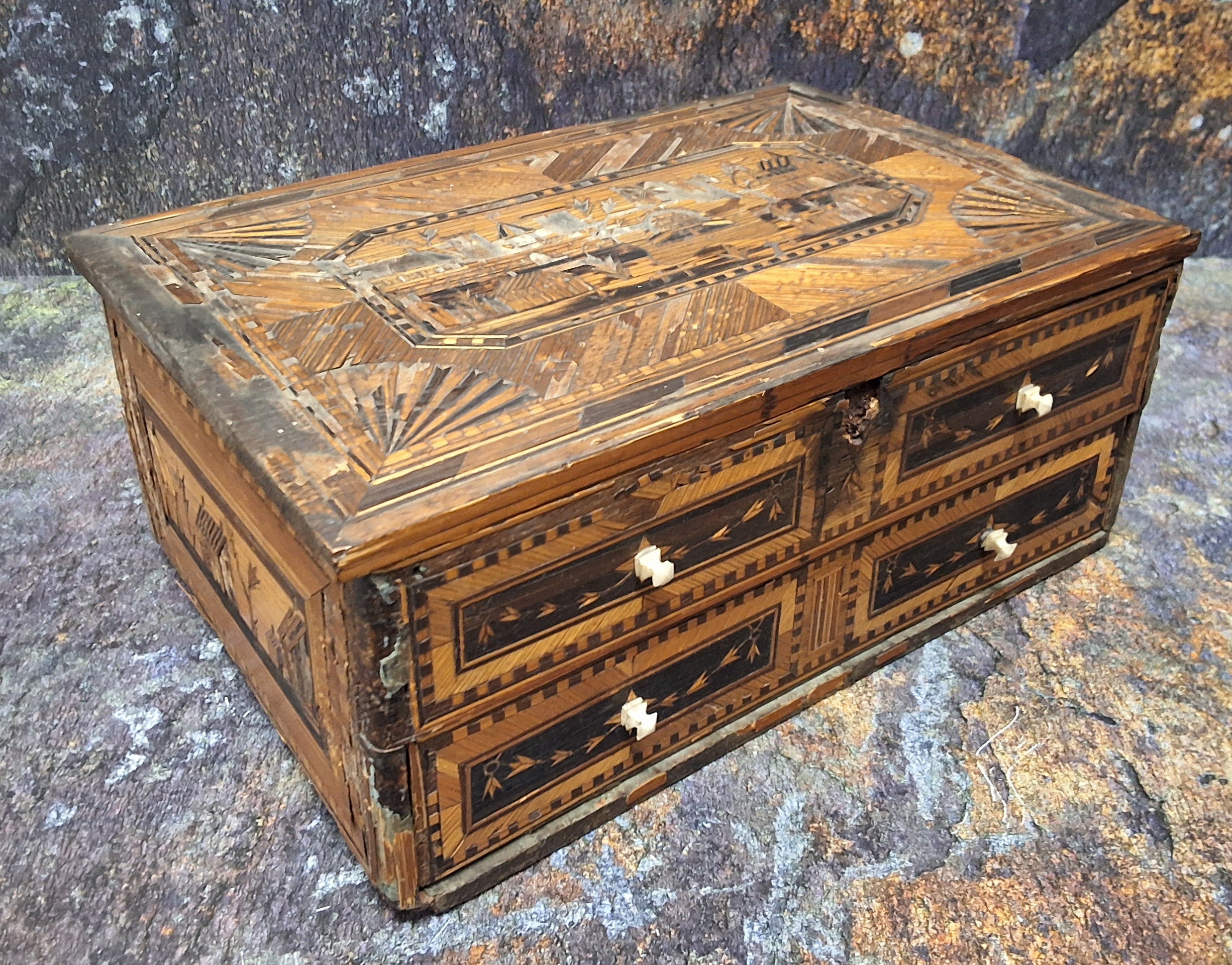 A Napoleonic prisoner of war straw work box, hinged cover decorated with buildings, above one - Image 2 of 5