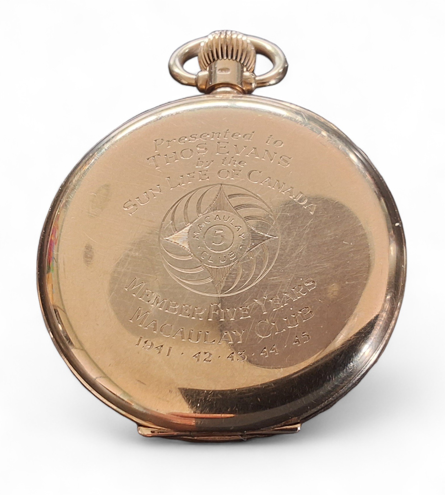 A J W Benson 9ct gold open faced pocket watch awarded and engraved to rear 'Thos. Evans by the Sun - Image 2 of 4