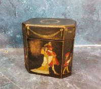 A tea caddy, the sides with decorated in colours, with Henry VIII with his wife and attendants, on