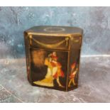 A tea caddy, the sides with decorated in colours, with Henry VIII with his wife and attendants, on