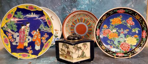 A Japanese plate, decorated with figures in a landscape, 25cm diam, Meiji period;  others, various;