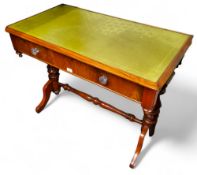 A Victorian mahogany writing table, drawer to frieze, turned legs, 77cm high, 103cm wide, c.1860