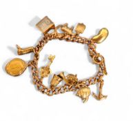 A 9ct gold charm bracelet, eleven charms including a kidney bean, pig, riding boot, £1 In  Emergency