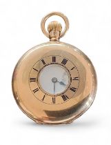 A 9ct gold half hunter keyless pocket watch, unsigned Swiss movement, white enamel dial, Roman