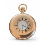 A 9ct gold half hunter keyless pocket watch, unsigned Swiss movement, white enamel dial, Roman