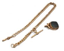 A 9ct rose gold graduated Albert chain and T-Bar, each link stamped 9, 48.62g; a 9ct gold swivel fob