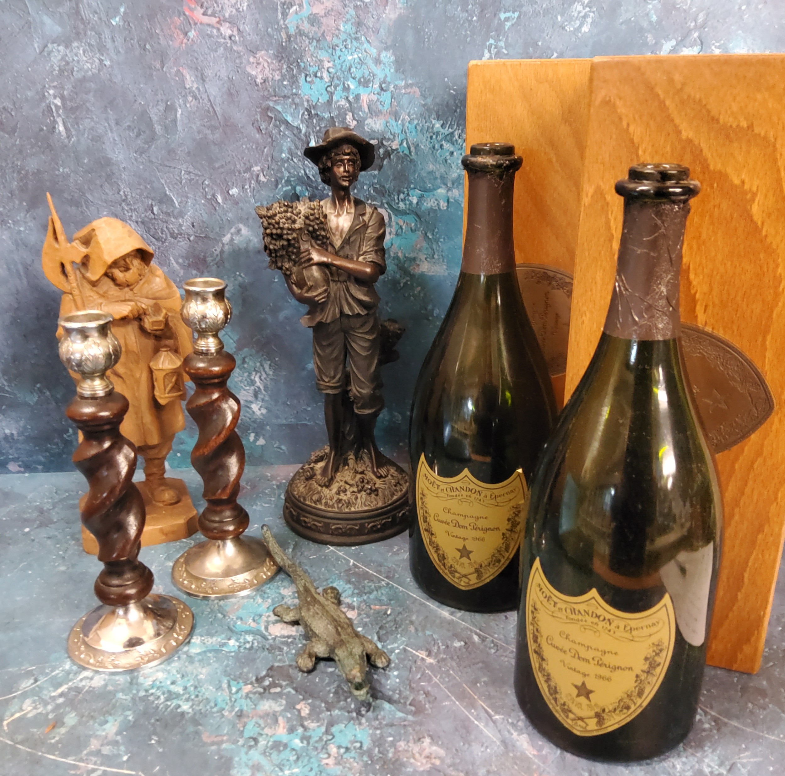 Two Cuvee Dom Perignon Vintage wooden cases;  two empty  bottles of Cuvee Dom Perignon 1966;  A