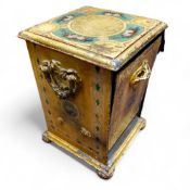 A mid 19th century French toleware fuel bin, bold cast handles, painted with roses and wild flowers,