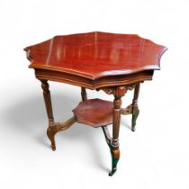 A late Victorian shaped circular mahogany table, fluted legs, shelf undertier, 74cm high, 77cm wide,