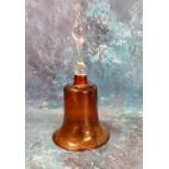 A Victorian cranberry glass bell, clear handle, with clanger, 32cm high, c.1880