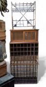 Salvage - Two wrought iron pigeon hole units; a glazed shop display cabinet, etc