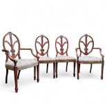 A set of four Sheraton Revival mahogany dining chairs Prince of Wales feathers splat, stuffed over