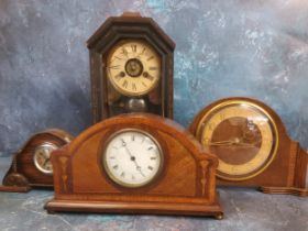 An Edwardian mahogany mantel clock, inlaid in coloured woods, 29cm wide, c.1910;  others, various (