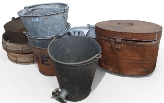 A 19th century tin hat box;   fire buckets;   sieves;  pails;  etc