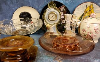 A smoked glass flower bowl, c.1930;  others, clear glass;  a Maling biscuit barrel;  German bisque