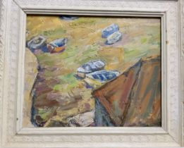 In the manner of Ronald Ossory Dunlop, Moored Boats, oil on board, 23cm x 28cm