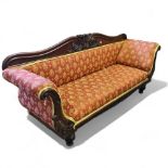 A large Victorian mahogany scroll arm sofa, 220cm wide x 99cm high x 65cm deep, c1870 (faults to