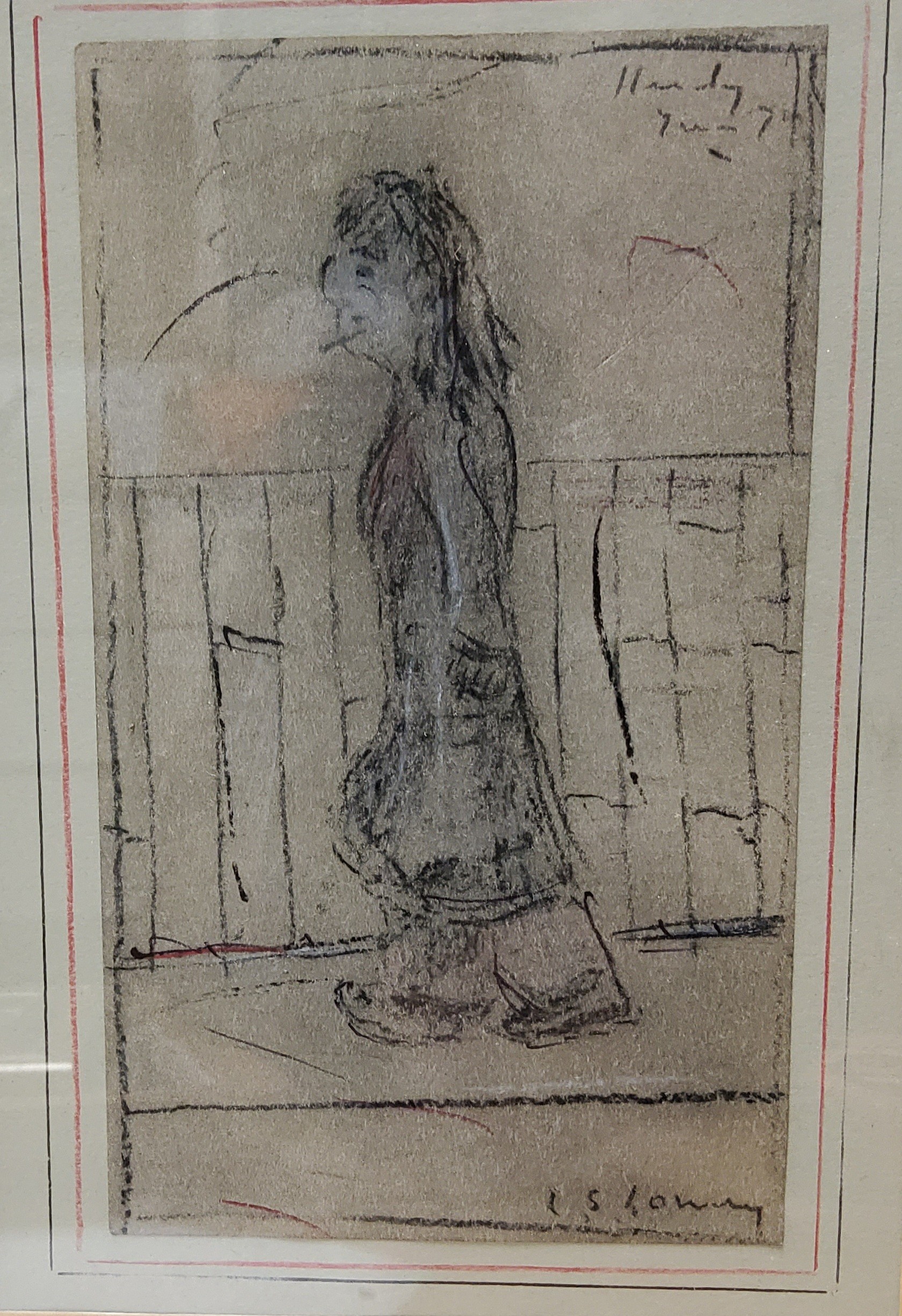 Manner of L S Lowry, Figure, bears signature, mixed medium, pencil and crayon, 17cm x 10cm