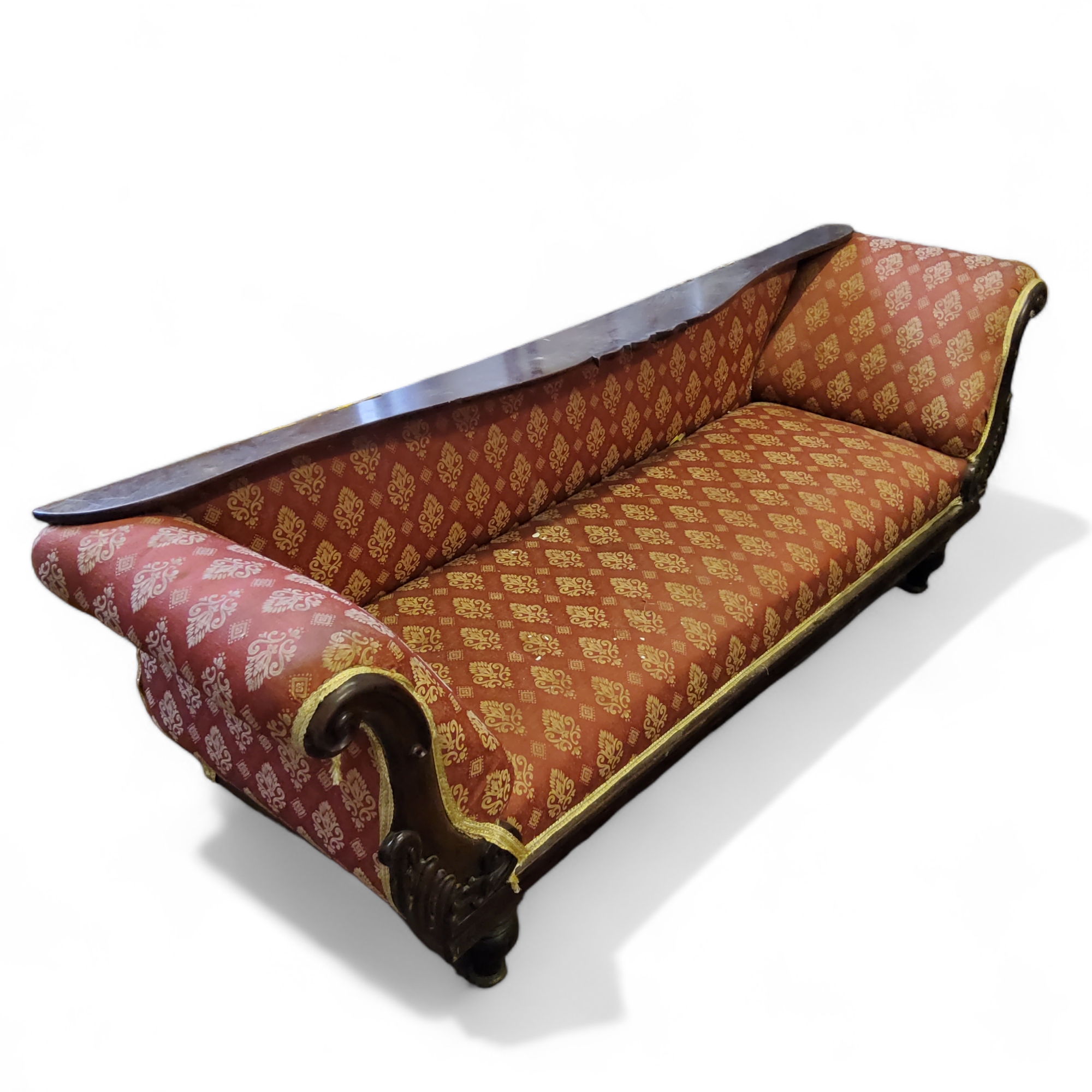 A large Victorian mahogany scroll arm sofa, 220cm wide x 99cm high x 65cm deep, c1870 (faults to - Image 2 of 3