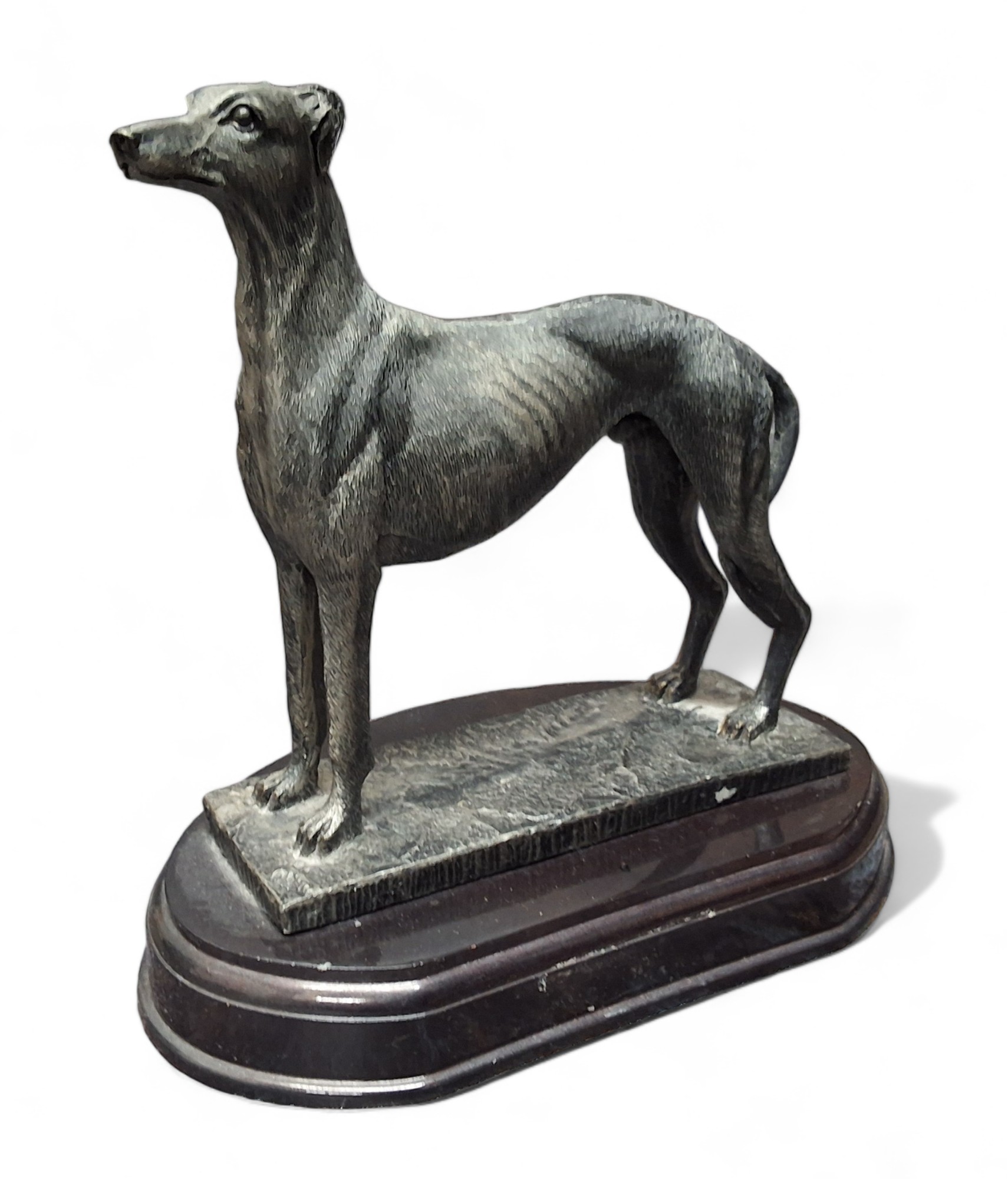 A resin bronzed figure, of a greyhound, oval base, 23cm high;  another, greyhound pair, 19cm - Image 2 of 5