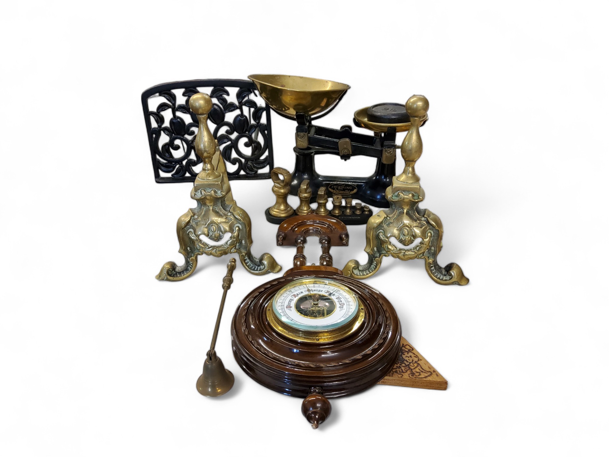 A pair of brass andirons;  a wall barometer;  a set of Thornton and Co Viking scales and weights;