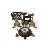 A pair of brass andirons;  a wall barometer;  a set of Thornton and Co Viking scales and weights;