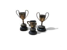 A silver miniature trophy cup, 5.5cm high, Birmingham 1906;  another, Birmingham 1907;  a three tyg,