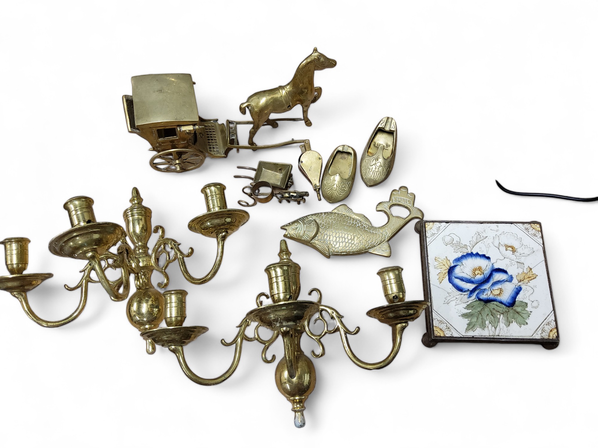 A pair of brass three light wall lights, 24cm high;  other brass ware;   a plated teapot stand