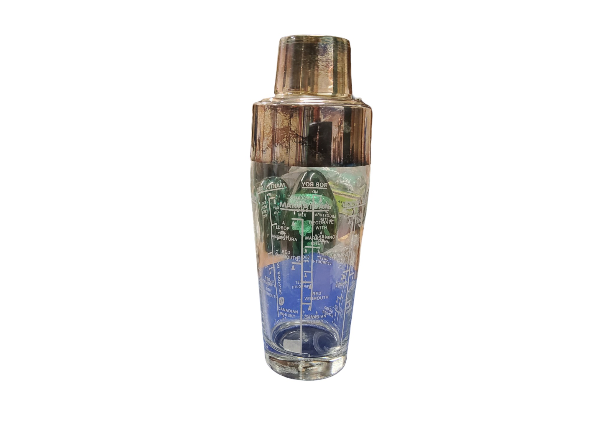 An Art Deco E.P.N.S. and glass receipt cocktail shaker, 23.5cm high, c.1930