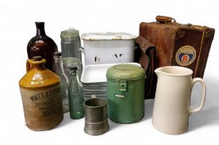Kitchenalia - an enamelled bread bin;  four enamelled dishes;  glass storage jars;  a stoneware Watt