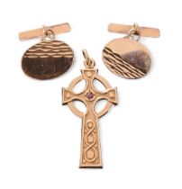 A pair of 9ct gold cufflinks, 2.23g; a 9ct gold pendant in the form of a Celtic cross set with