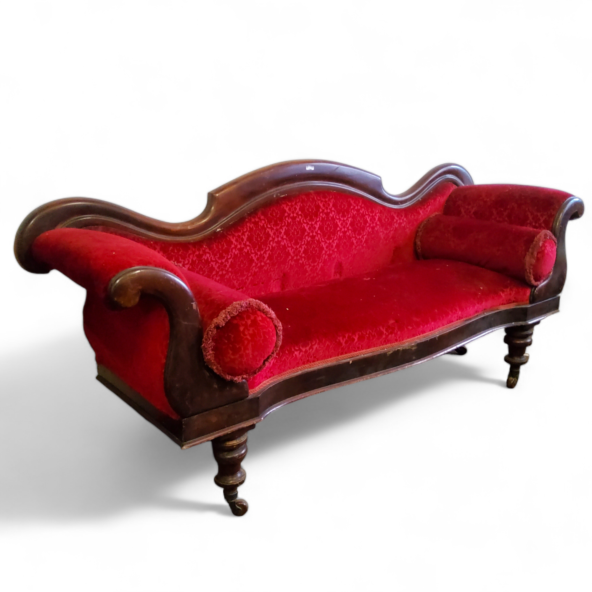 A Victorian mahogany scroll arm sofa, deep maroon upholstery, c.1860  (faults to back right leg)