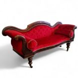 A Victorian mahogany scroll arm sofa, deep maroon upholstery, c.1860  (faults to back right leg)