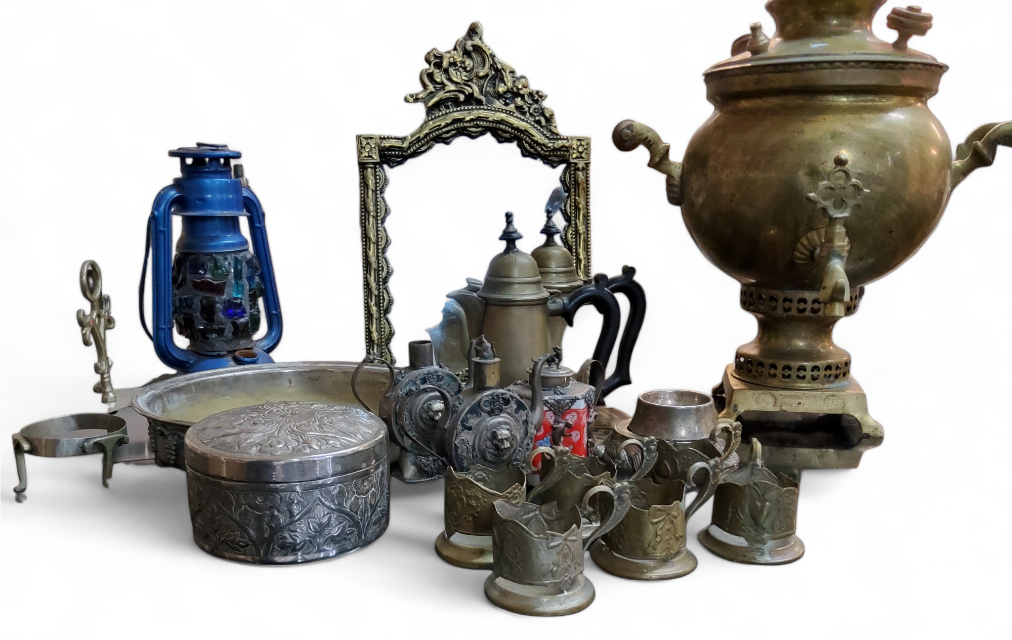 Metal Ware - a brass samovar;   a brass easel mirror;  plated ware;  etc