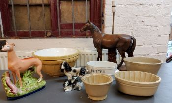 A Staffordshire style greyhound, standing to the right, 26cm high;  Melba and other dogs;  a horse
