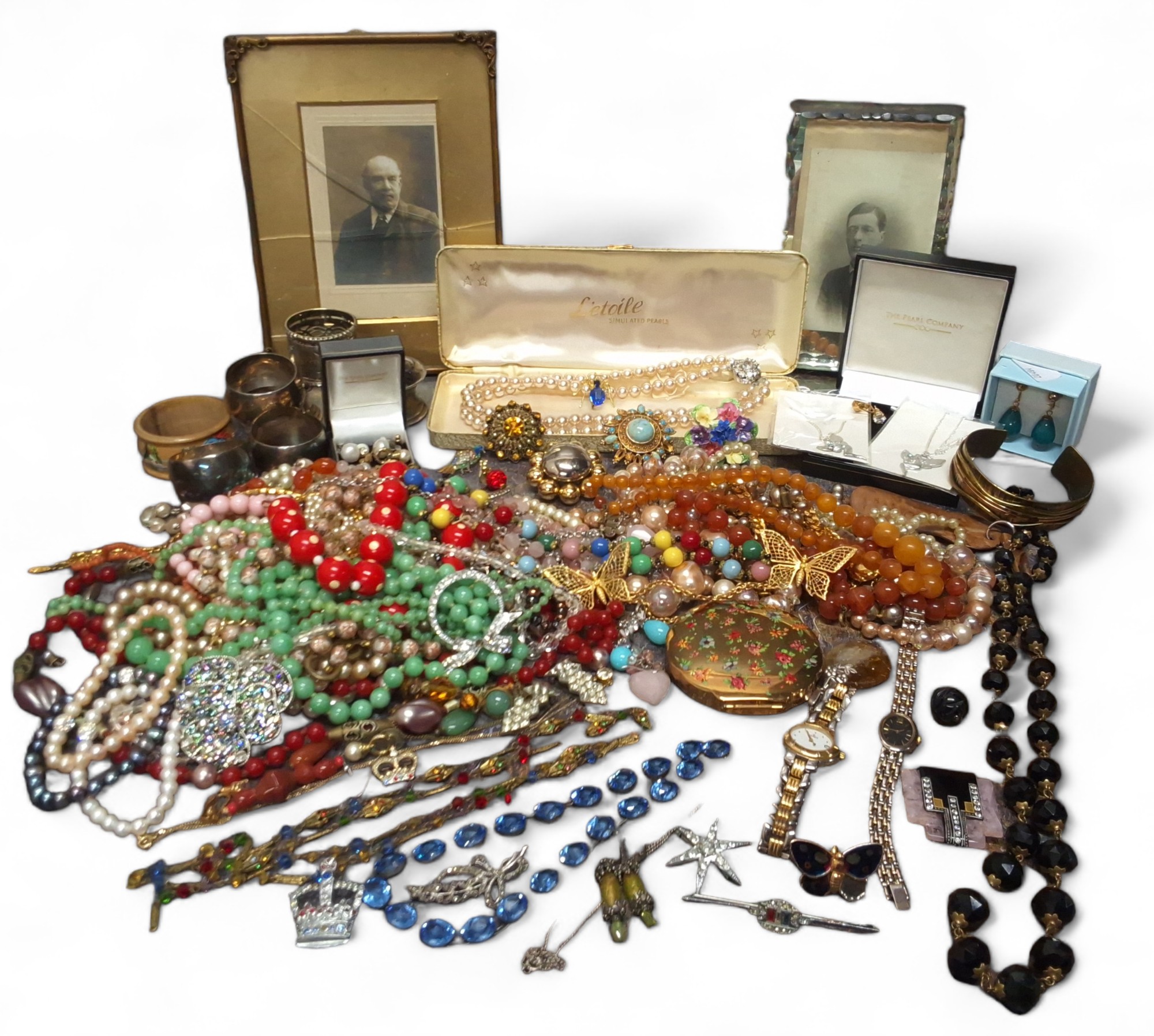 Costume jewellery including vintage brooches, bead necklaces, faux pearls, earrings, The Pearl