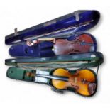 A full size Maidstone violin, the two piece back length 37cm, with a bow,  cased;  another, Chinese,