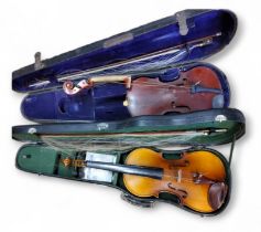 A full size Maidstone violin, the two piece back length 37cm, with a bow,  cased;  another, Chinese,