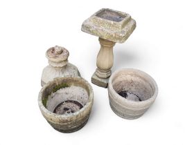 Two reconstituted planters in the form of barrels 21cm high;  stone bird bath, etc