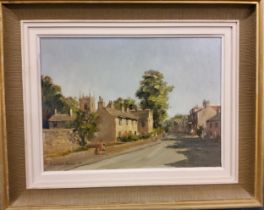 Local Interest - William Burns (British 1923-2010)  Plague Cottages and Church, Eyam, signed, oil on