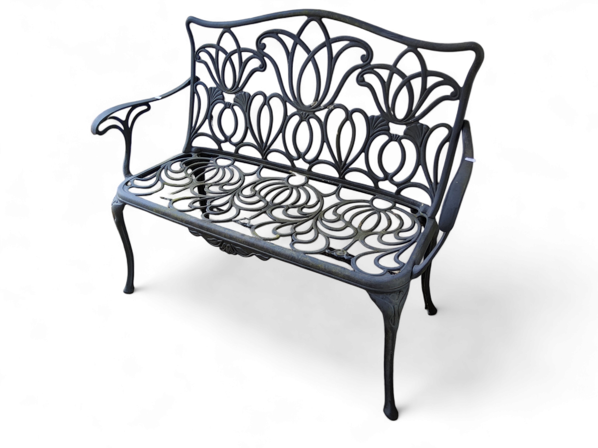 A contemporary Art Nouveau style aluminium garden two seater bench.