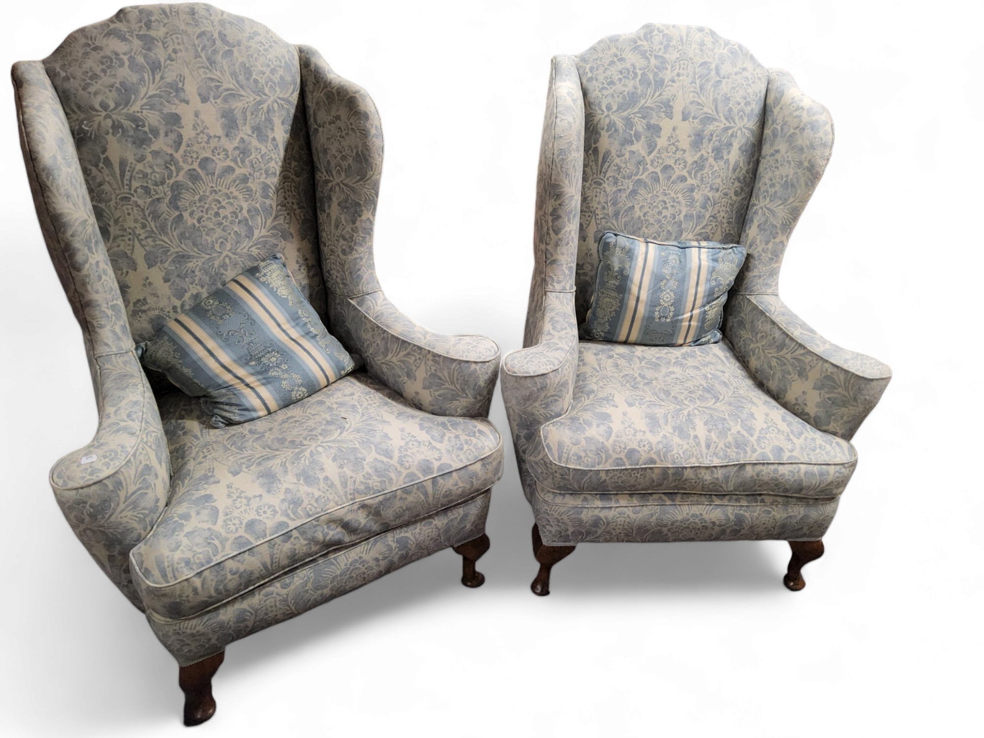 A pair of 19th century high back open wingback armchairs, upholstered in inkwash peony fabric,