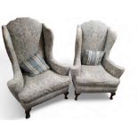 A pair of 19th century high back open wingback armchairs, upholstered in inkwash peony fabric,