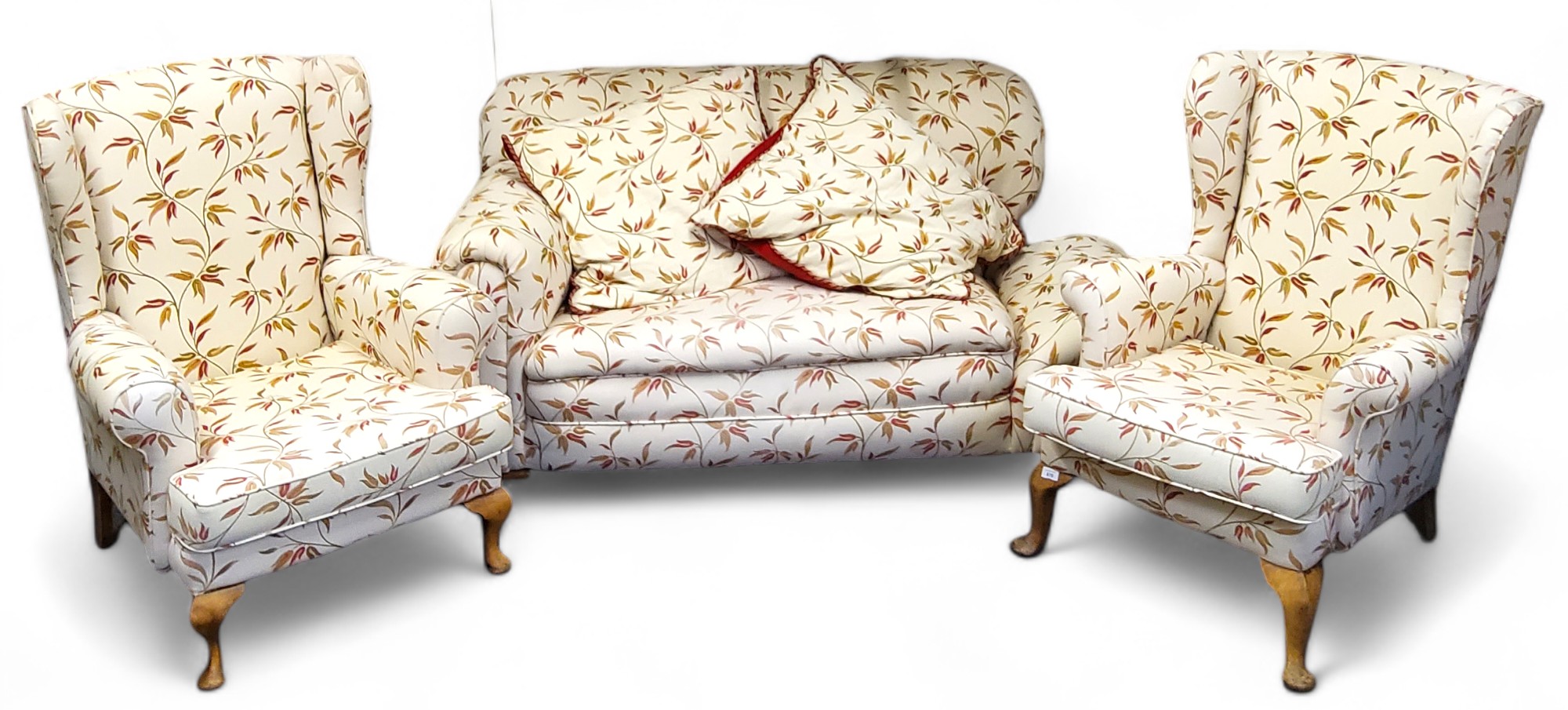 A pair of early 20th century wing back armchairs, cabriole legs, c.1920; a conforming drop arm