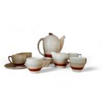 A Susie Cooper Kestrel shape coffee service, banded in tan in and grey, comprising coffee pot,